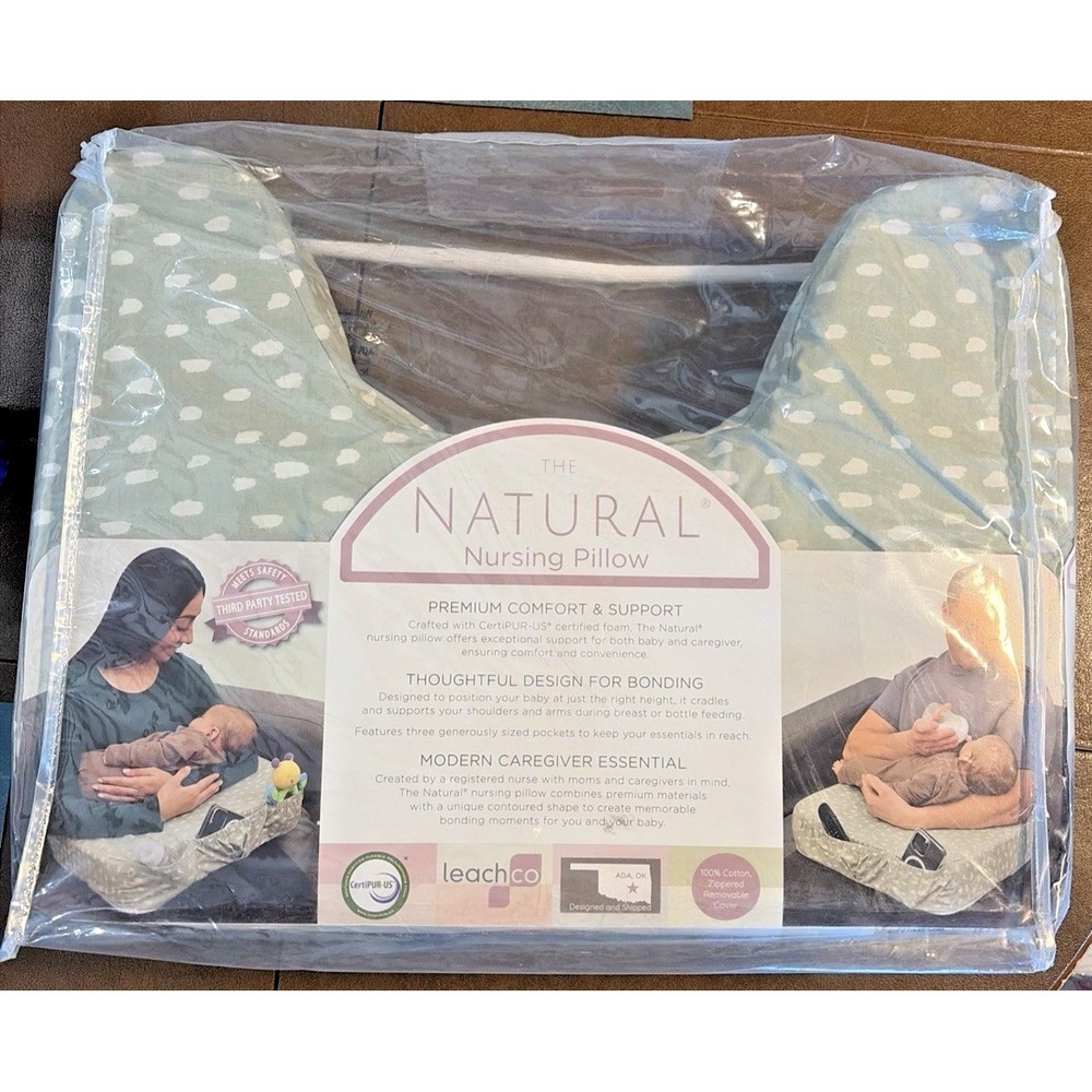 The Natural Nursing Pillow By Leachco In Sage Green w/ White Polka Dots